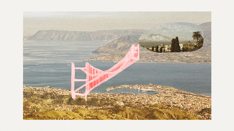A pink sketch of a bridge is superimposed on a photo collage showing the Messina strait.