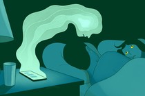 An illustration of a man and a woman in bed, with a ghostly female figure emerging from a phone on the bedside table