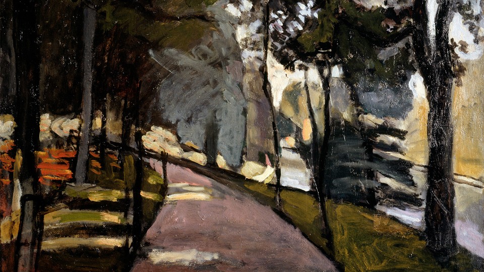 Painting showing a shady park
