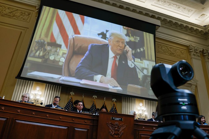 An image of former President Donald Trump displayed during the third hearing on the January 6 attack