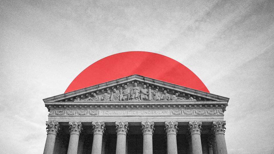 Illustration of the Supreme Court with a red circle behind it.