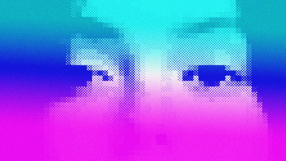 A pixelated woman's face, in a pink and blue gradient.