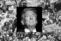 Photograph of Donald Trump juxtaposed over a photograph of the January 6 riot