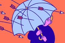 A man using an umbrella to shield himself from incoming arrows