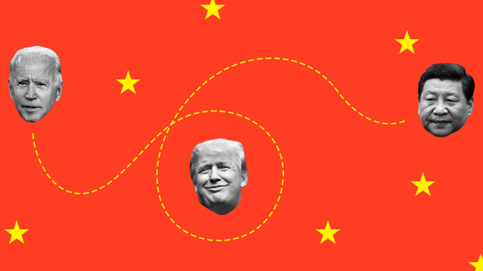 An illustration featuring the faces of Joe Biden, Donald Trump, and Xi Jinping