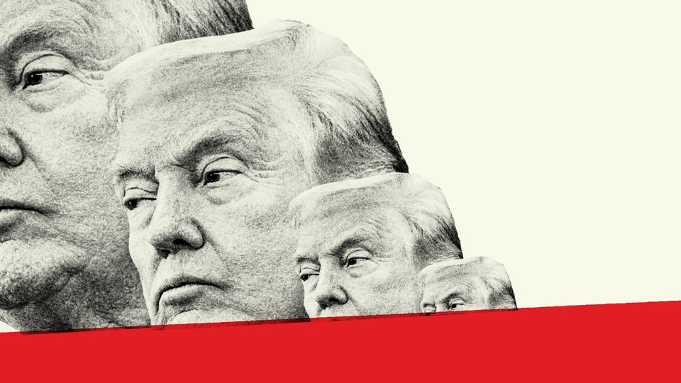Illustration of 4 overlapping images of Donald Trump's face, descending in size from left to right and sinking under a red line at the bottom