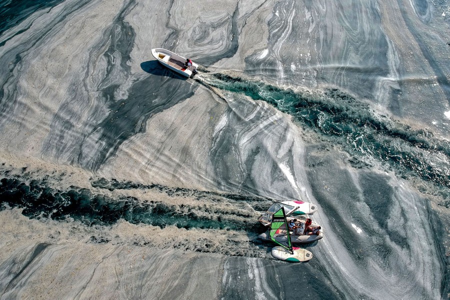 Two boats move through a layer of floating slime on the surface of a sea.