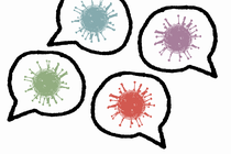 Four colorful coronaviruses, each enclosed in a conversation bubble