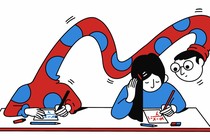 Illustration of a boy with a long, bendy neck peering over the shoulder of a girl doing work