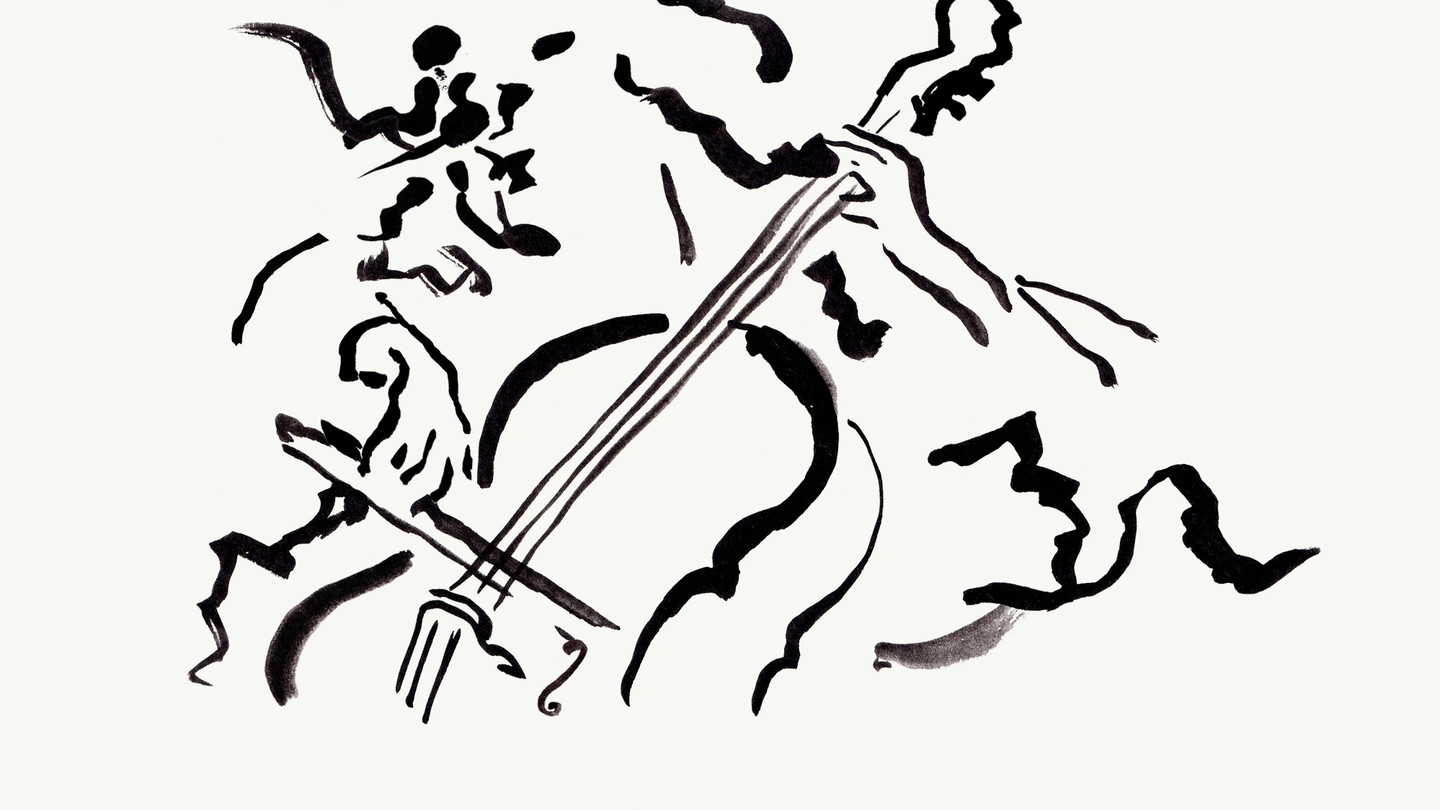 A silhouette of someone playing a cello in black paint strokes against a white background