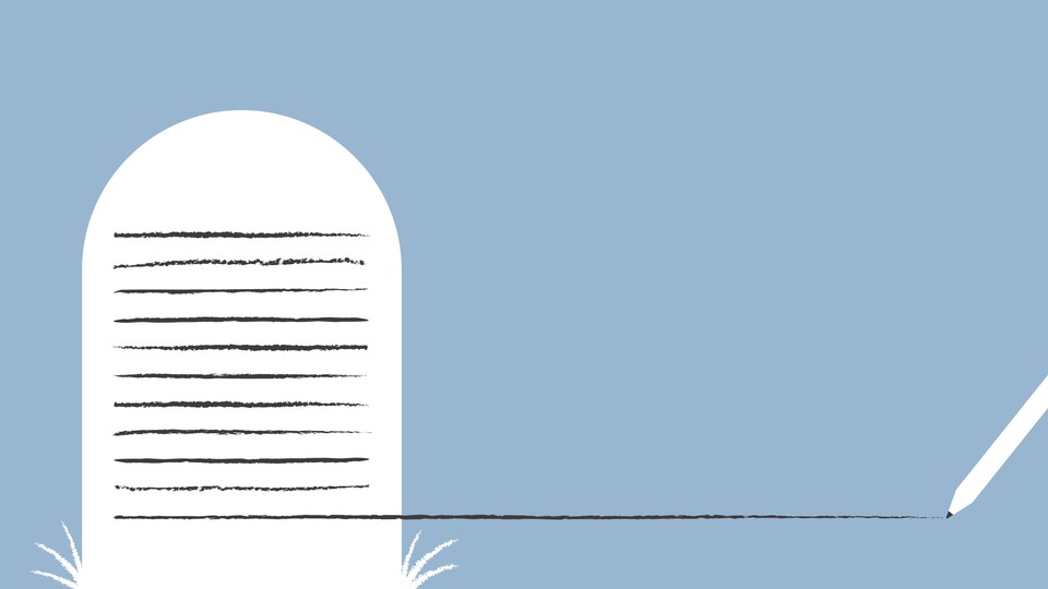 An illustration of a tombstone with writing on it, like a page in a notebook
