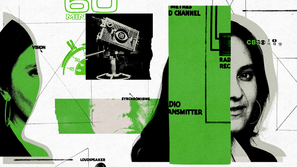 Illustration with grey and green images of Bari Weiss, the 60 Minutes logo, a CBS News camera, and Donald Trump