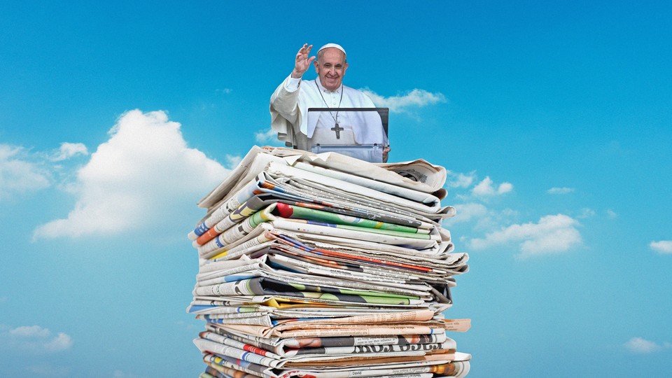 A photo illustration of Pope Francis on top of a stack of newspapers.