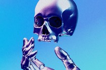 Illustration of a human skull floating above a robotic hand