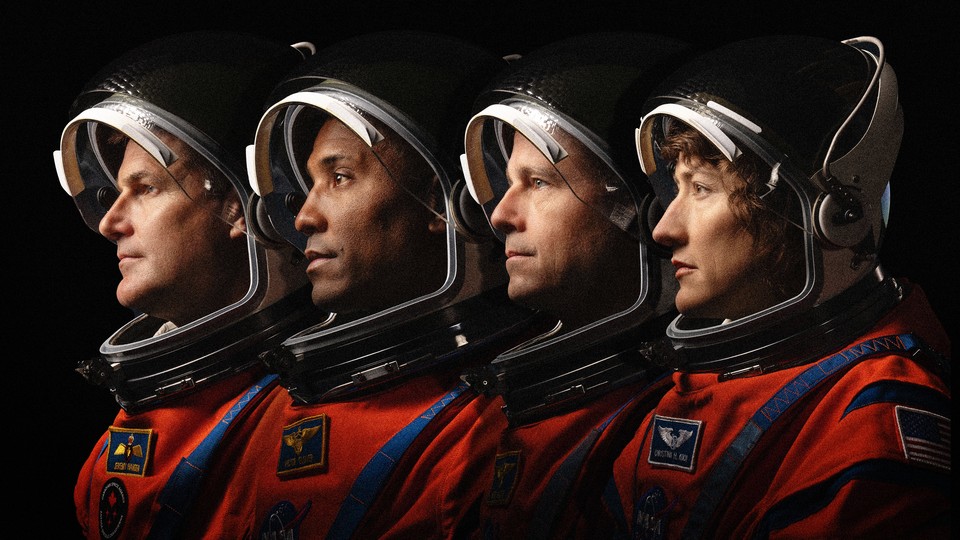The faces of the crew of the Artemis 2 mission in profile, helmets on, from left to right: Jeremy Hansen, Victor Glover, Reid Wiseman, and Christina Koch
