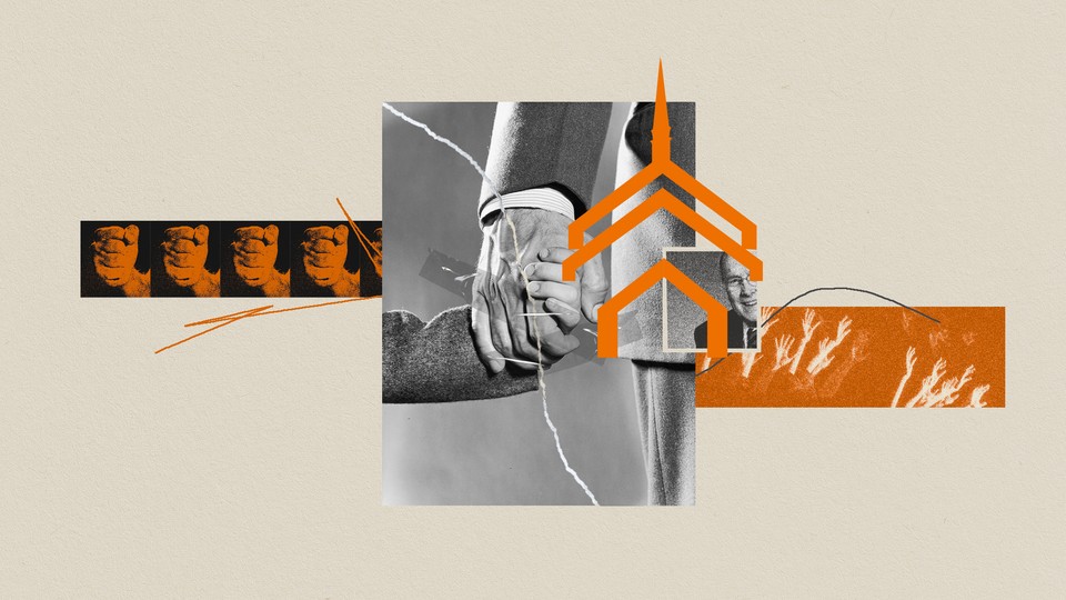 A photo collage of three images of hands—one of a series of fists, one of an adult hand holding a child's, and one of a crowd of hands raised—overlaid with small a black-and-white photo of James Dobson and the orange outline of a church