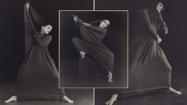 triptych of Martha Graham dancing in stretched fabric
