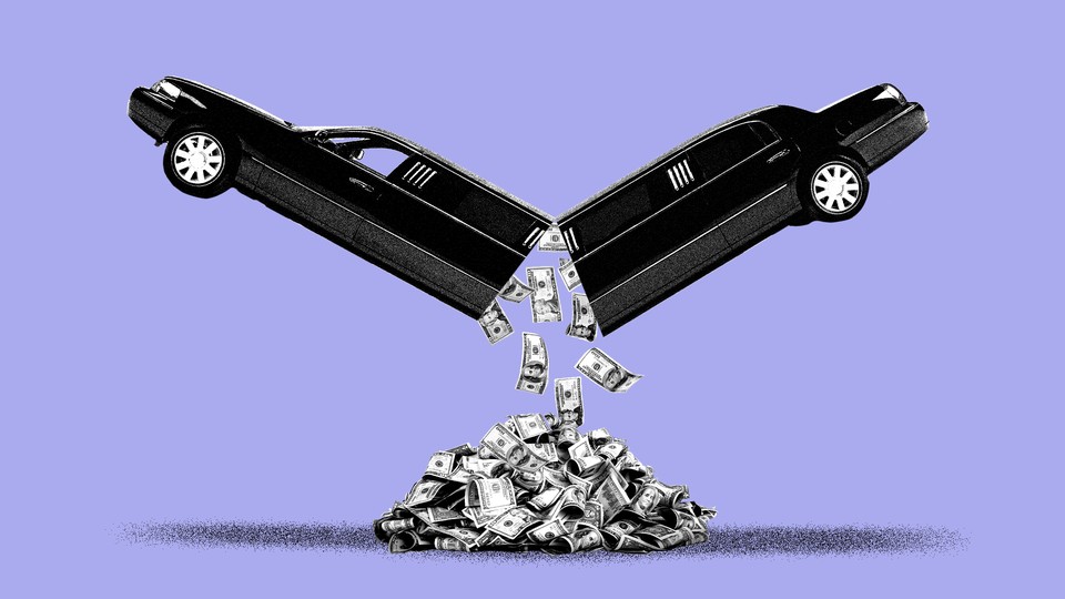 A limousine broken in half midair, against a purple background, with money coming out of it