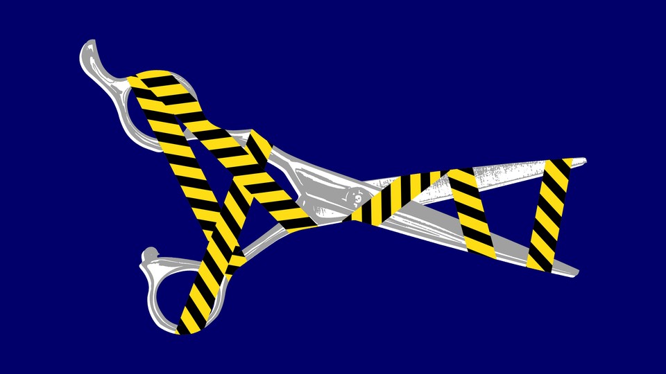 Illustration of scissors tangled in caution tape
