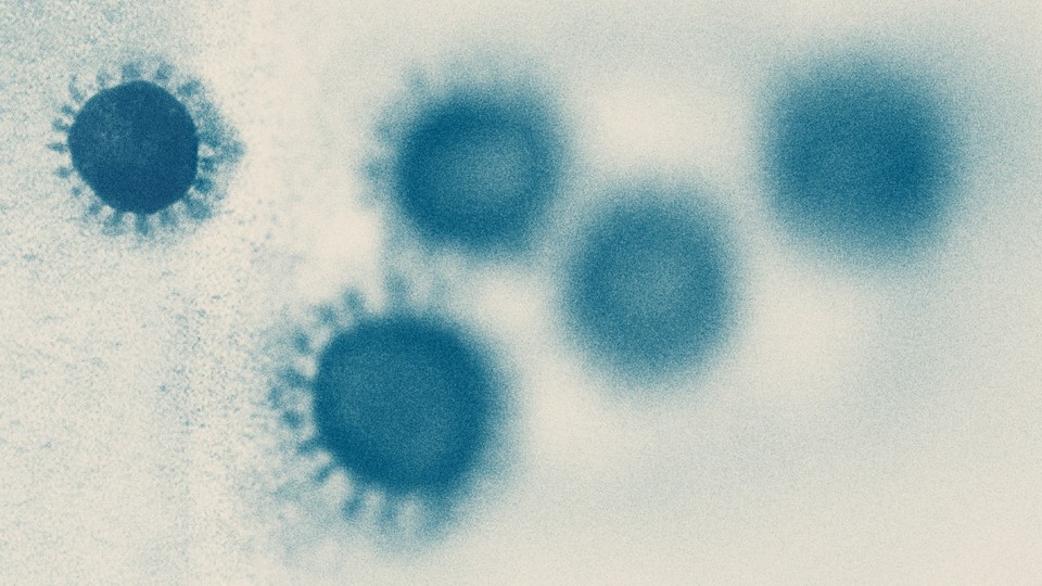blue coronavirus particles scattered across an image, fading from left to right
