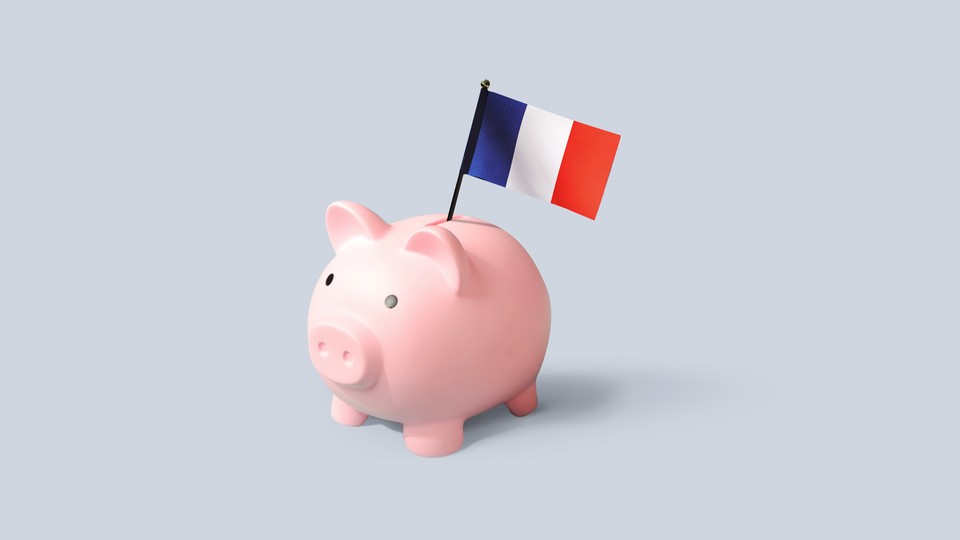 An illustration showing a piggy bank with a French flag flying from it