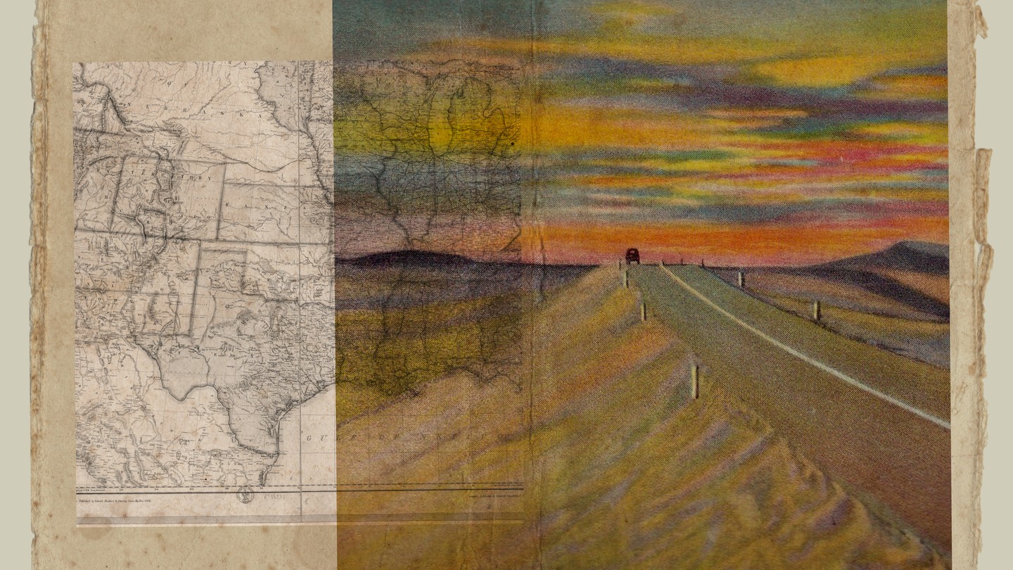 In a collage there is a map on top of a drawing of a car driving in the sunset on a long road