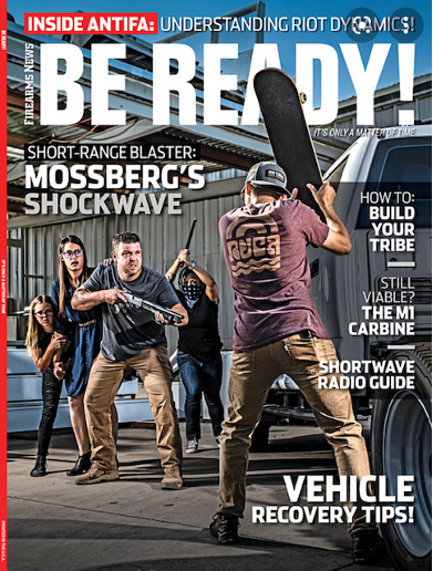 A cover of Be Ready! magazine that depicts a father wielding a rifle as two men are about to attack his family