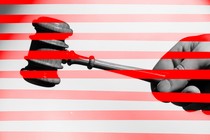 A photo illustration of a judge's gavel, layered over with red stripes