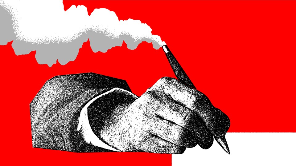 Illustration showing hand holding pen and writing, but the pen emits smoke