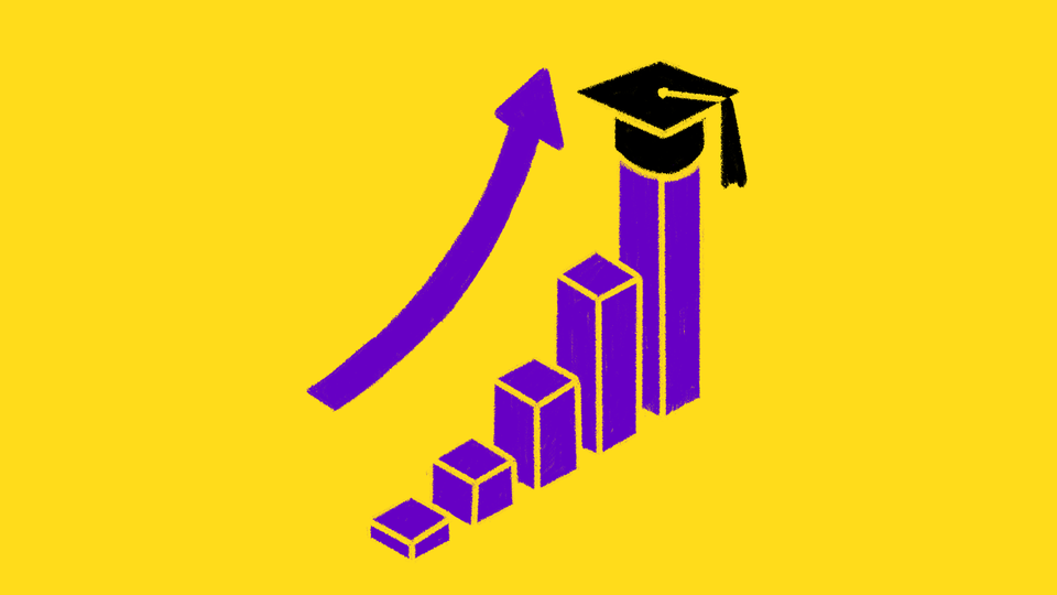 Illustration on a yellow background of purple bars increasing in height with a graduation cap atop the tallest bar and an arrow pointing upwards as the bars grow