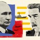 Graphic-illustration with black-and-white photos of Vladimir Putin and Nicolás Maduro overlaying purple, red, and yellow shapes and a warship and fighter jets in the background