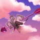 A pink and purple photo illustration of a cupid's arrow with dollar bills on it