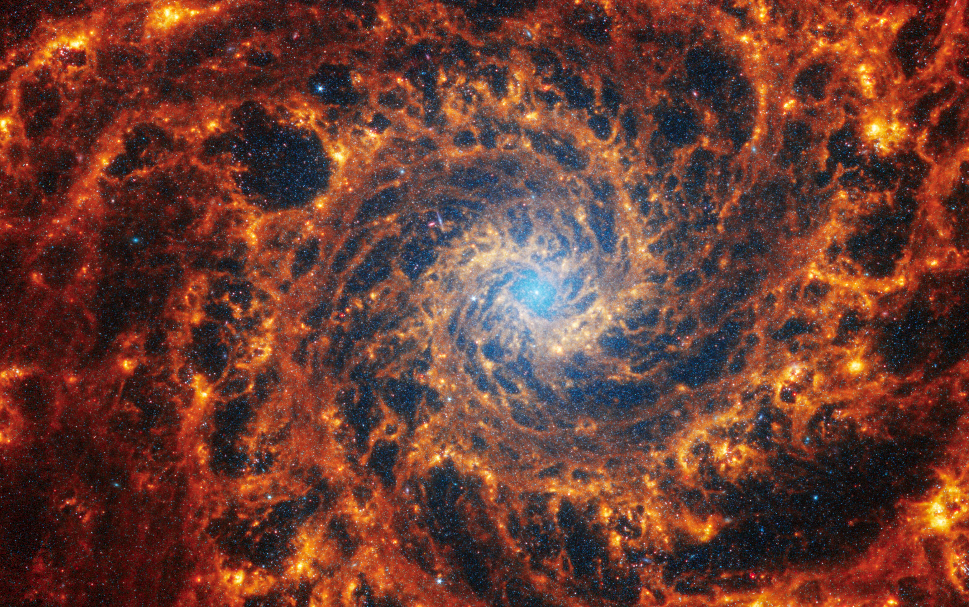 A narrow view of the forward-facing spiral galaxy, anchored in the central region of a pale blue haze. It is surrounded by complex orange spiral arms.