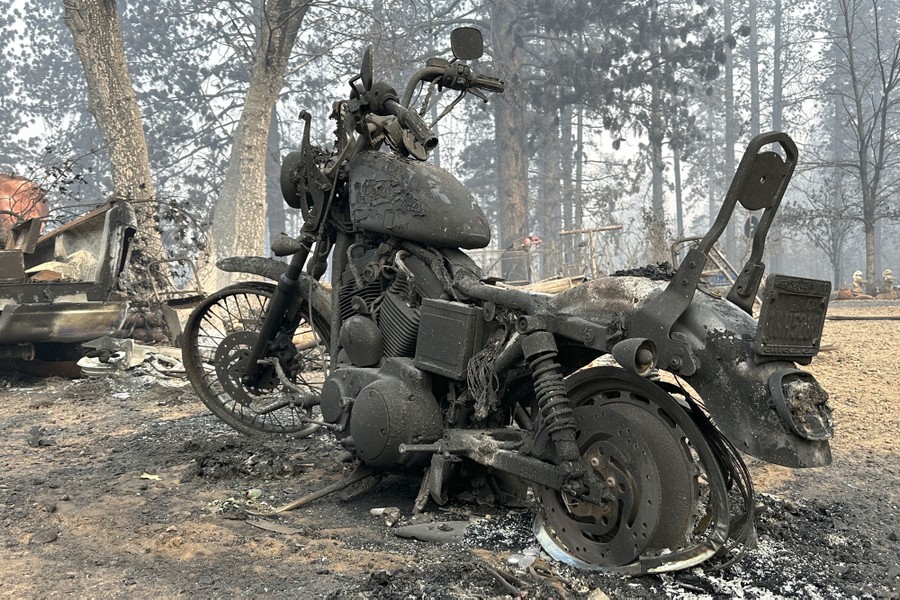 The scorched remains of a motorcycle that was caught up in a forest fire