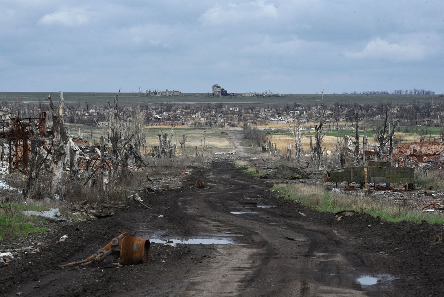 A bleak debris-strewn landscape of shattered trees, destroyed houses, and buildings in Ukraine