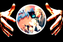 Two hands hover over a crystal ball with "The Jerry Springer Show" playing inside it