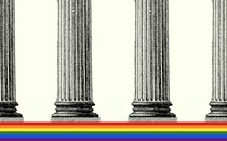Illustration showing rainbow flag underneath the bases of four columns, whose tops are cropped out of the picture.
