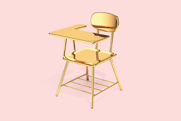 illustration: a solid gold school desk on a pink background