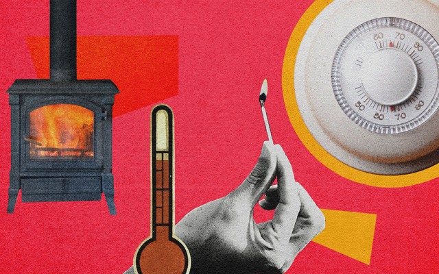 A collage with images of a furnace, a thermostat, and a match