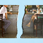 A torn photo of a man and a woman staring at each other across a bar