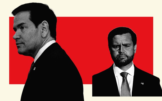 A collage of black-and-white photos of Marco Rubio and J. D. Vance with a red rectangle behind them