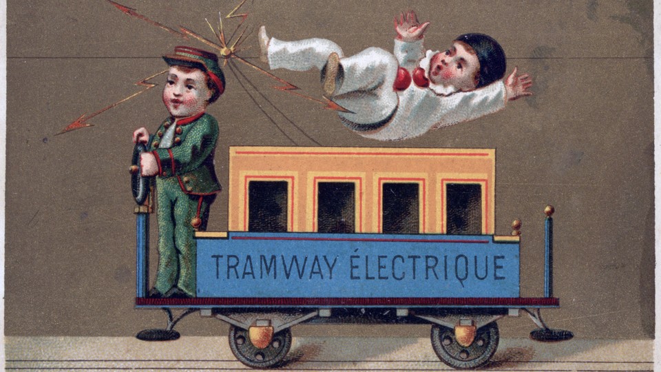 A drawing of childlike persons driving and being struck by a small trolley car labeled Tramway Électrique