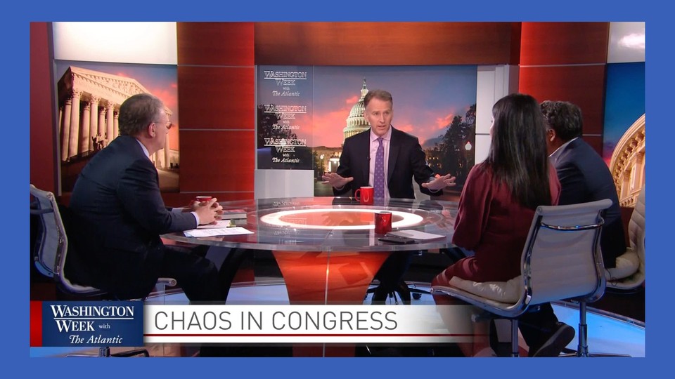 Guests talk around a table on the latest episode of "Washington Week With the Atlantic"