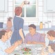 illustration of set dinner table with 4 children along sides and man at head, with woman in blue dress behind him taking a selfie with table in background