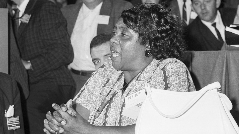 A black-and-white photo of Fannie Lou Hamer at the DNC in 1964