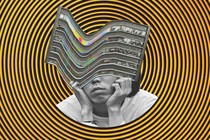 A graphic of a disillusioned woman with a warped office building over her face on a background of concentric circles