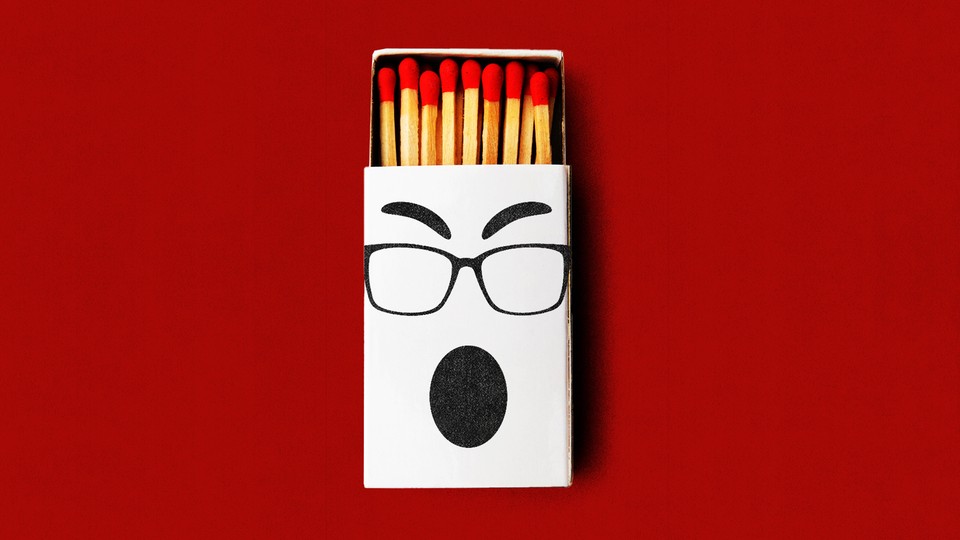 Illustration showing white, half-open matchbox, the front of which shows face with glasses and expression of outrage.