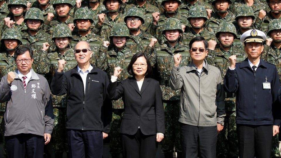 Taiwan's President Tsai Ing-wen visits with Taiwanese soldiers.