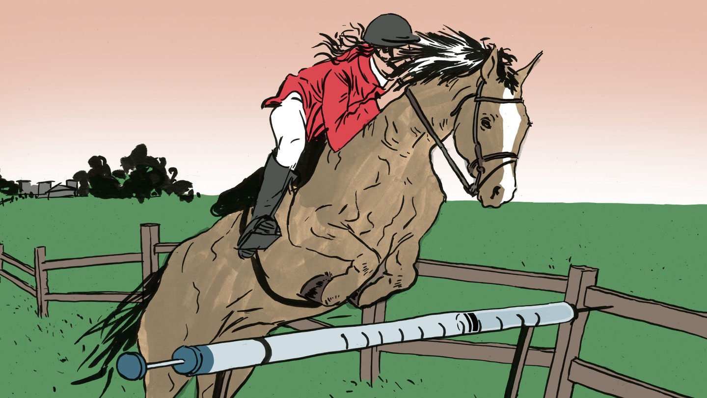 An illustration of a rider jumping a horse over a hurdle that looks like a syringe