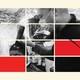 A grid (some of whose blocks are black, and others red) displays a black-and-white photo of a barber in a face mask giving a haircut.